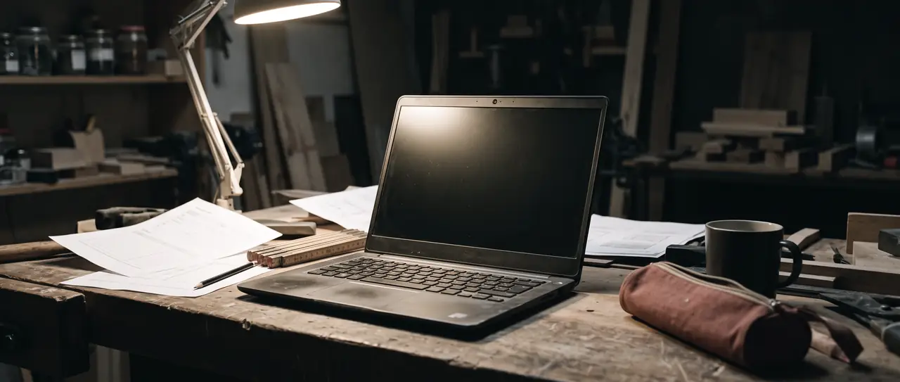 Aufgeklappter Laptop auf einer Werkbank bei Nacht, beleuchtet von einer Arbeitsleuchte. Daneben ausgedruckte Listen, ein Zollstock und eine Tasse.