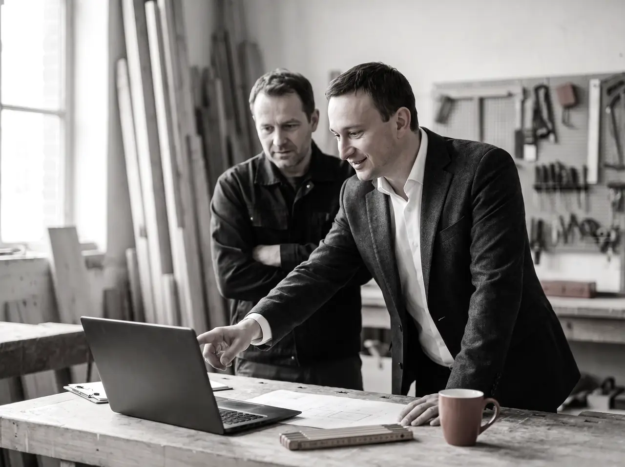 Stefan Franz erklärt an einem Laptop auf einer Werkbank etwas und zeigt auf den Bildschirm, daneben steht ein Handwerker und hört zu.